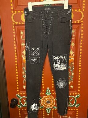 Current Mood Black Lace-Up Front Skinny Jeans with Raw Hem